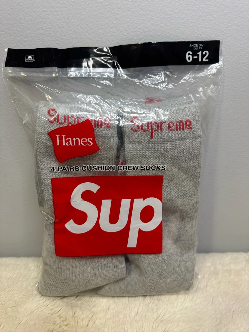 Supreme Hanes Gray Crew Socks with Red Logo - 4 Pack